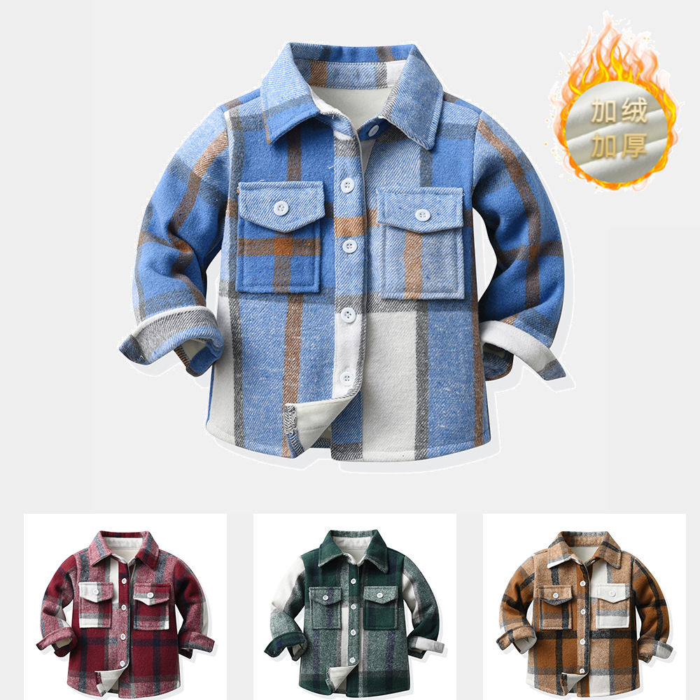 Camisas de celosía europeas y americanas para niños y niñas, botones de una sola fila, solapa de terciopelo gruesa, cardigan de manga larga caliente, moda