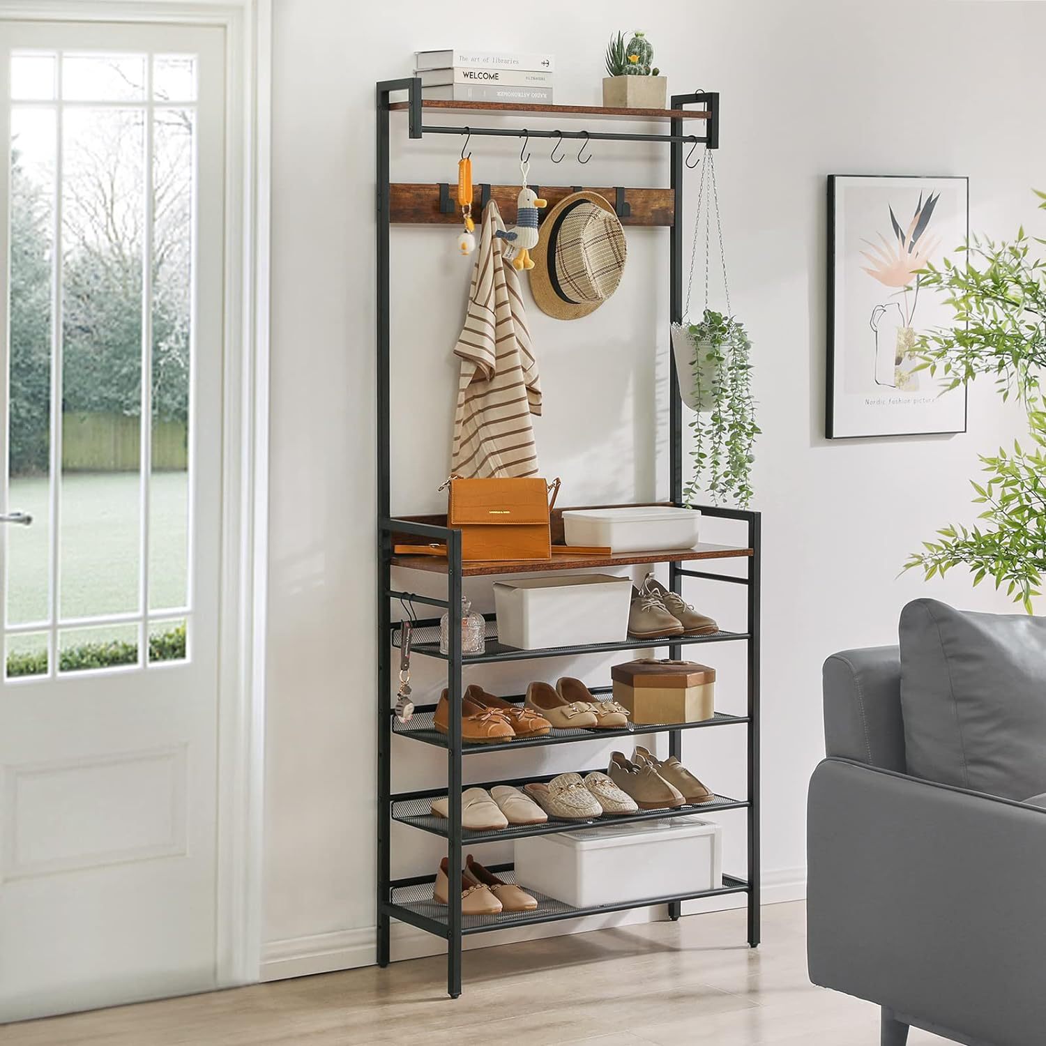 跨境专供衣帽架客厅鞋子收纳架简约鞋架家用钢木结构储物架置物架