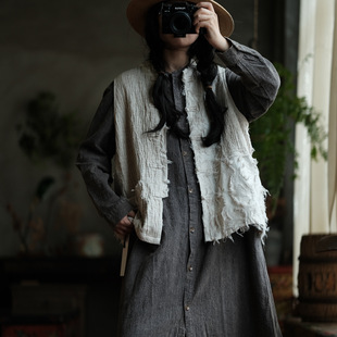 Luogu Mud Light Custom-Made Loose Chinese-Style Vest with Buckles, Artistic Style Outfit, 2212 Hemp Color Spelling