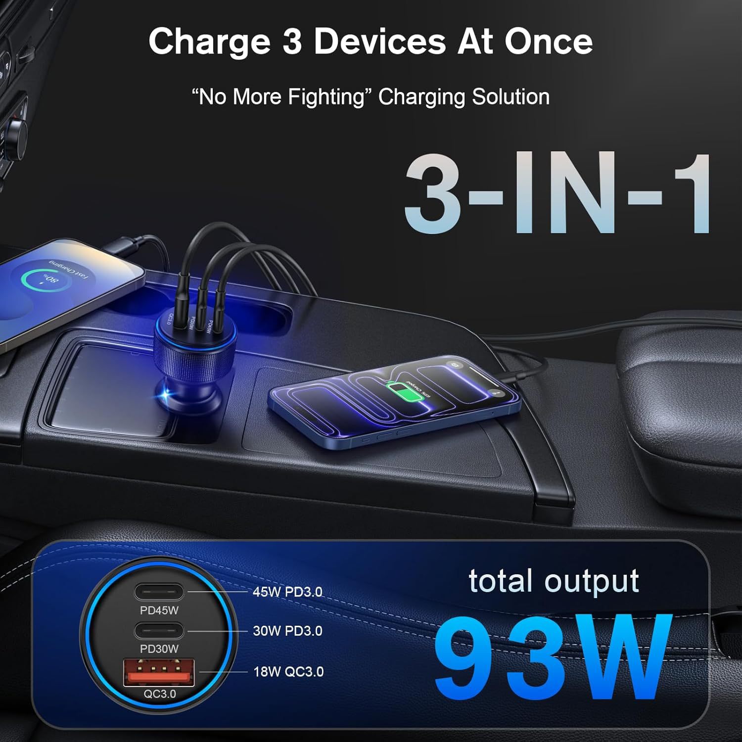 Cross-Border Factory Wholesale Car Charger Super Fast Charging Suitable for Apple and Android Phones Pd45 High-Power Car Charger