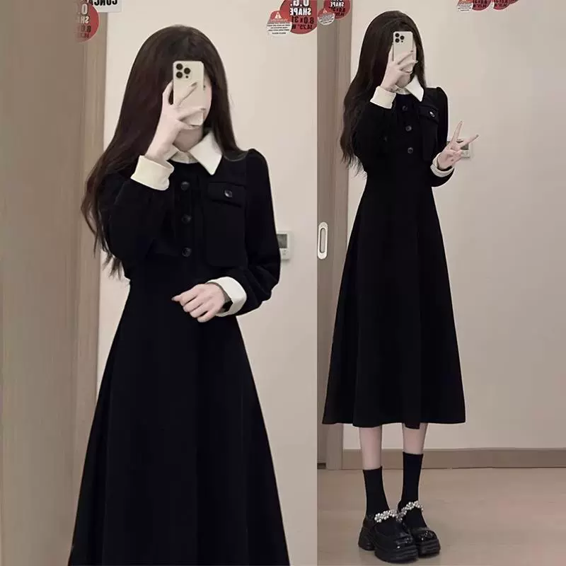 赫本黑色连衣裙子春秋季2024新款女深冬装搭配一整套内搭长裙套装