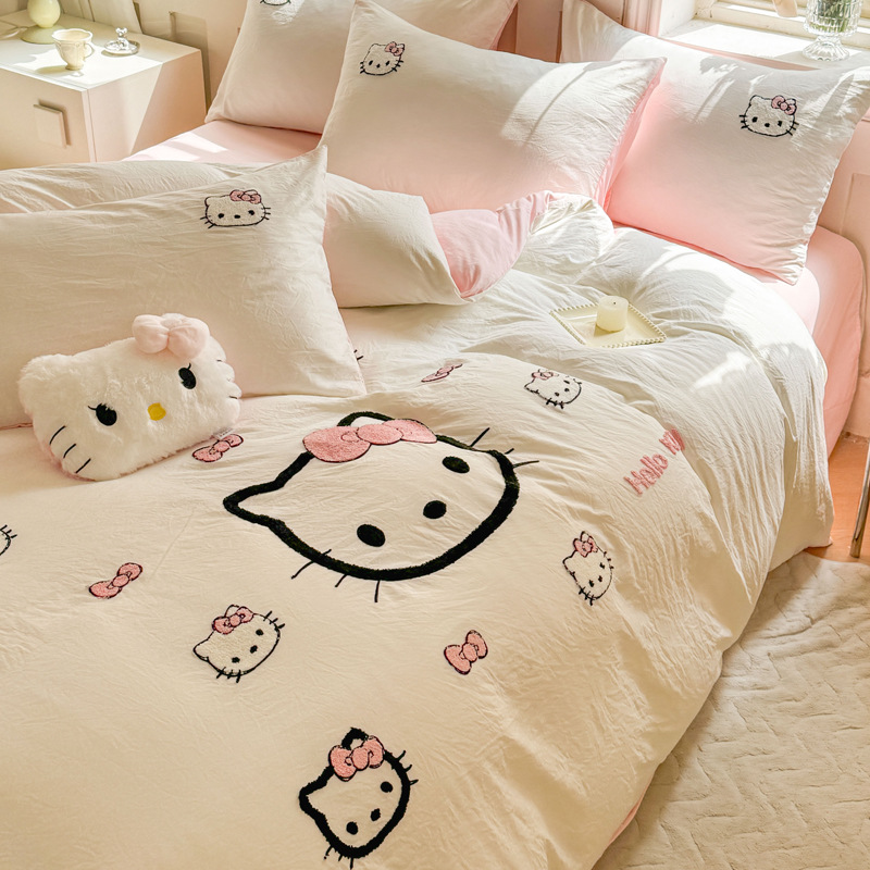 Soft Washed Cotton Four-Piece Set, Non-Pure Cotton Towel Embroidered Duvet Cover, Student Dormitory Bed Single Three-Piece Bedding Set Gold