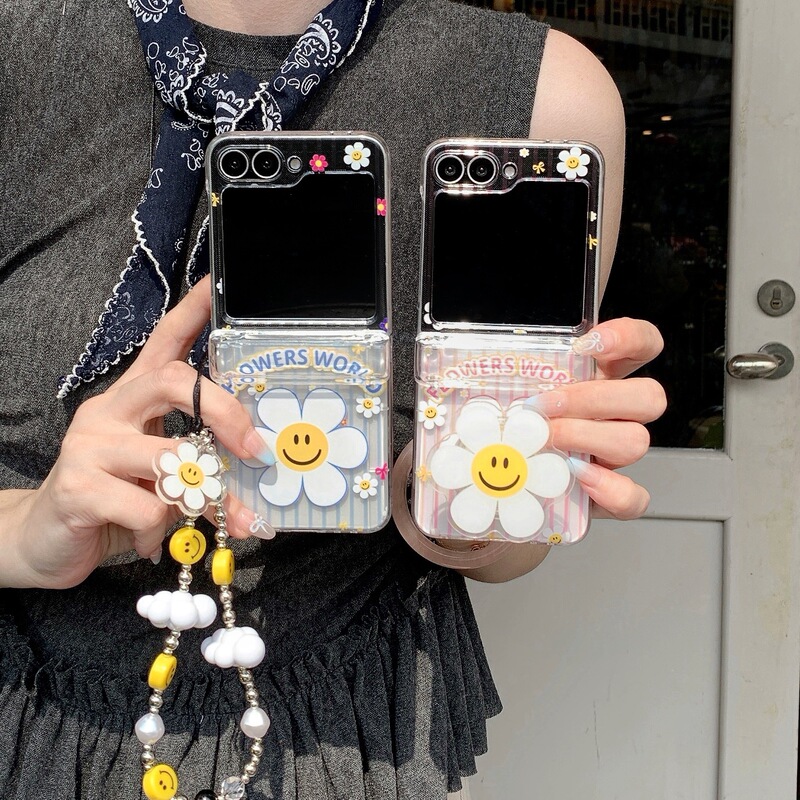Han Feng Ins Striped Smiley Face Flower for Samsung Z Flip5 Folding Screen Phone Case Z Flip 4/3 Drop-Resistant