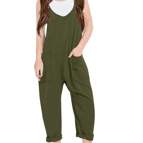 Fashionable and Casual Girls' V-Neck One-Piece Pajamas Solid Color Loose Casual Pajama Pants with Pockets Spring and Summer Clothing