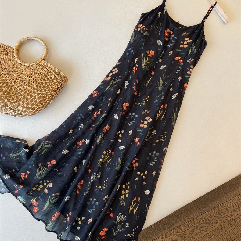 On the cabinet, five k + colorful garden printed Tencel suspender skirt long slim A- shaped dress summer