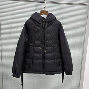 2025 Autumn and Winter European Station Export Hooded White Duck down Straight Loose Drawstring Hooded down Jacket Women's Jacket Cross-Border