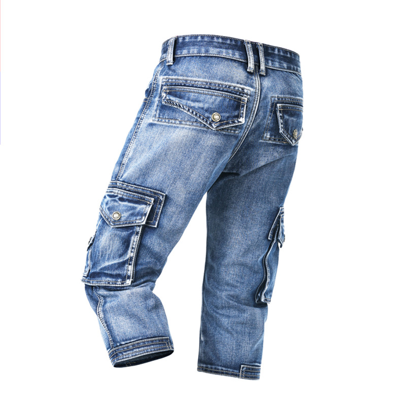 Verano Delgado estiramiento multi-Bolsillo ropa de trabajo recortada Pantalones slim fit Denim shorts recortados pantalones casuales jeans hombres