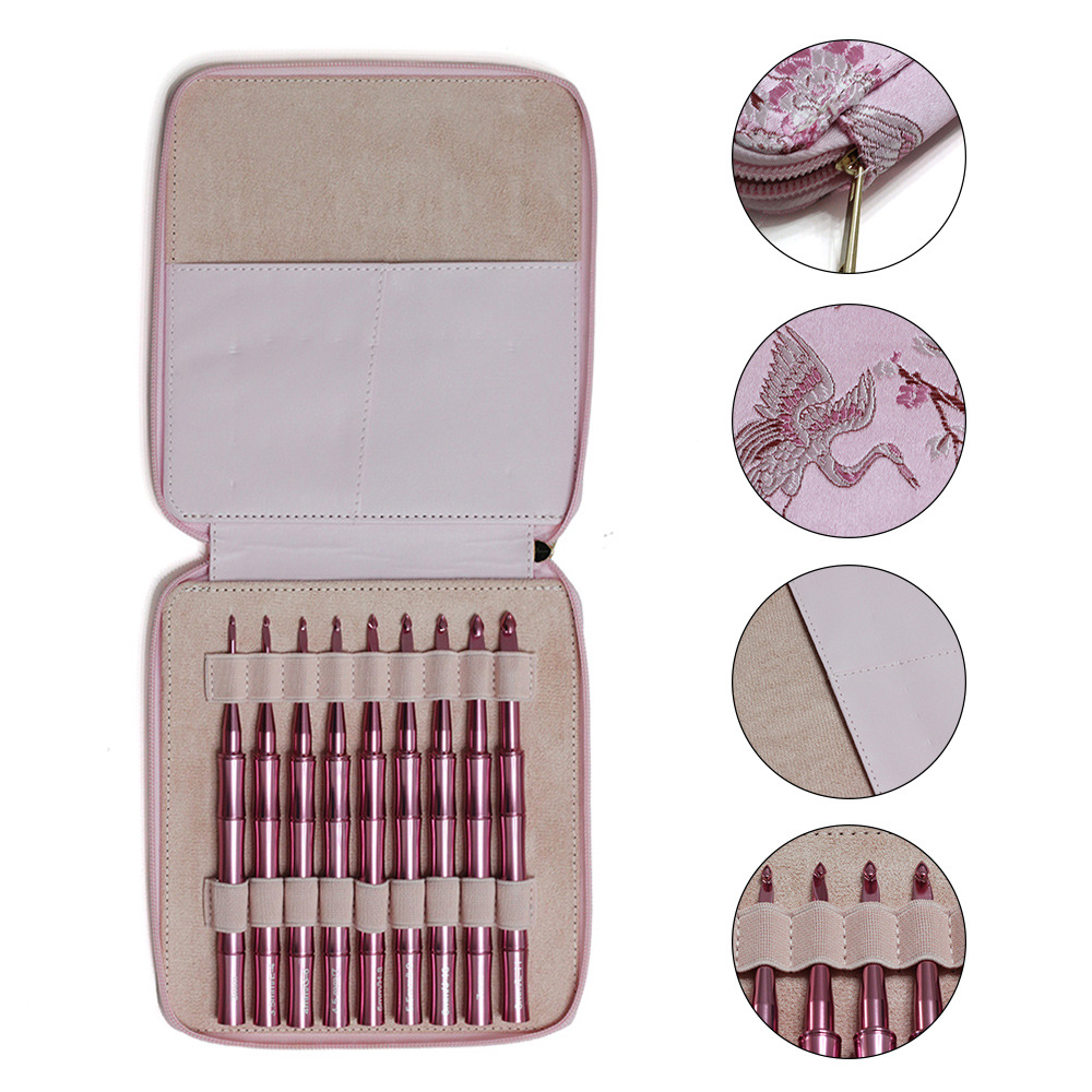 Aguja de tejido transfronteriza de aluminio óxido rosa en forma de ganchillo de bambú pulido a mano mango de ganchillo de bambú 9 piezas