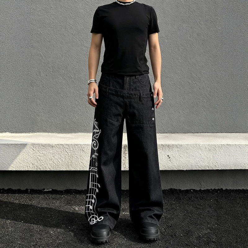 European and American trendy street style, faux two-piece embroidered straight-leg jeans for men, loose fit, wide-leg, with metal buckle and double waistband