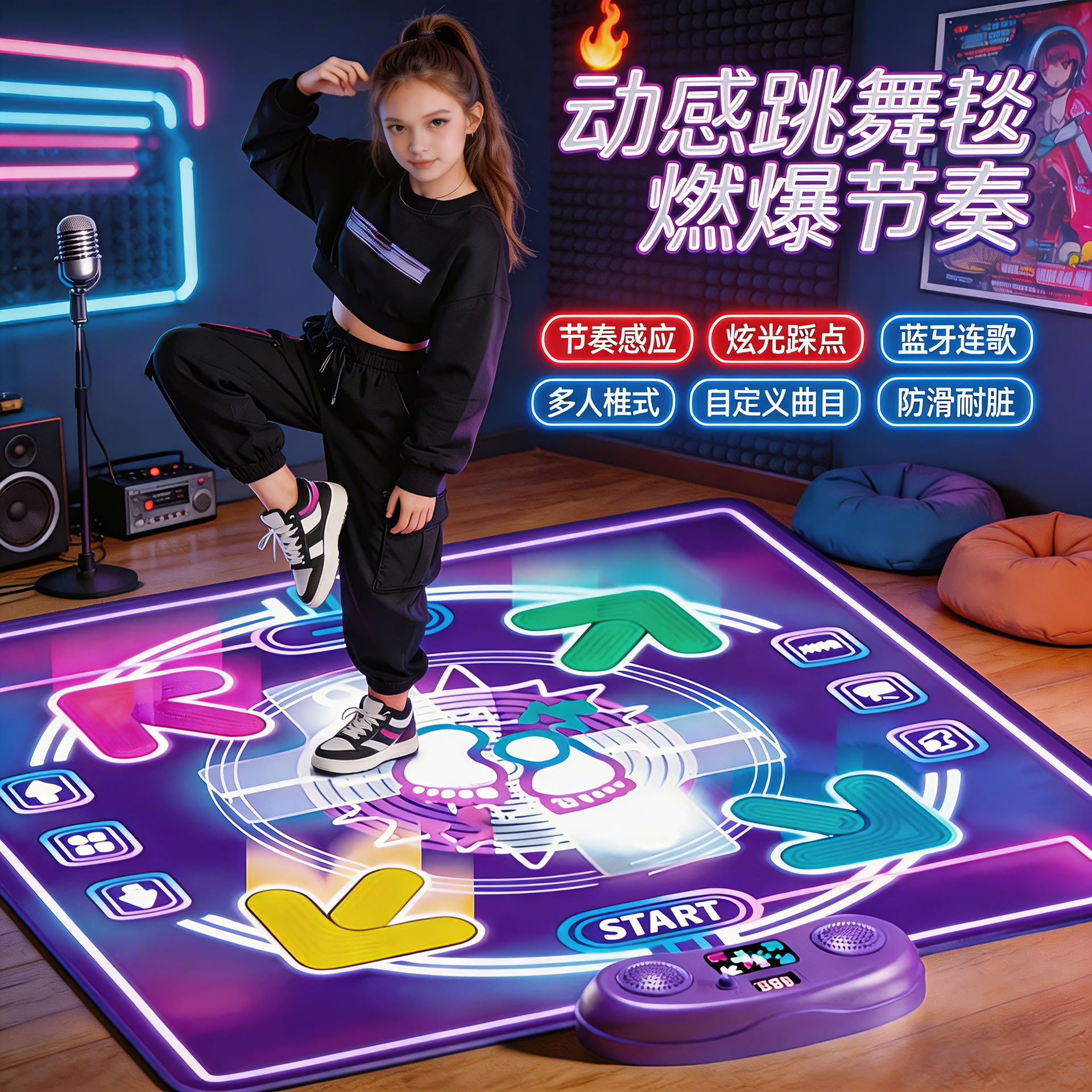 Children's Music Dance Mat with Bluetooth Lighting, Foldable and Storable Game Mat for Home Indoor Interactive Foot Dance Mat