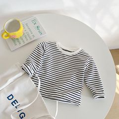 2023 New Spring and Autumn Kids' T-shirt: Round-Neck, Long-Sleeve Base Layer with Striped Design – Versatile Long-Sleeve Tee in Pure Cotton