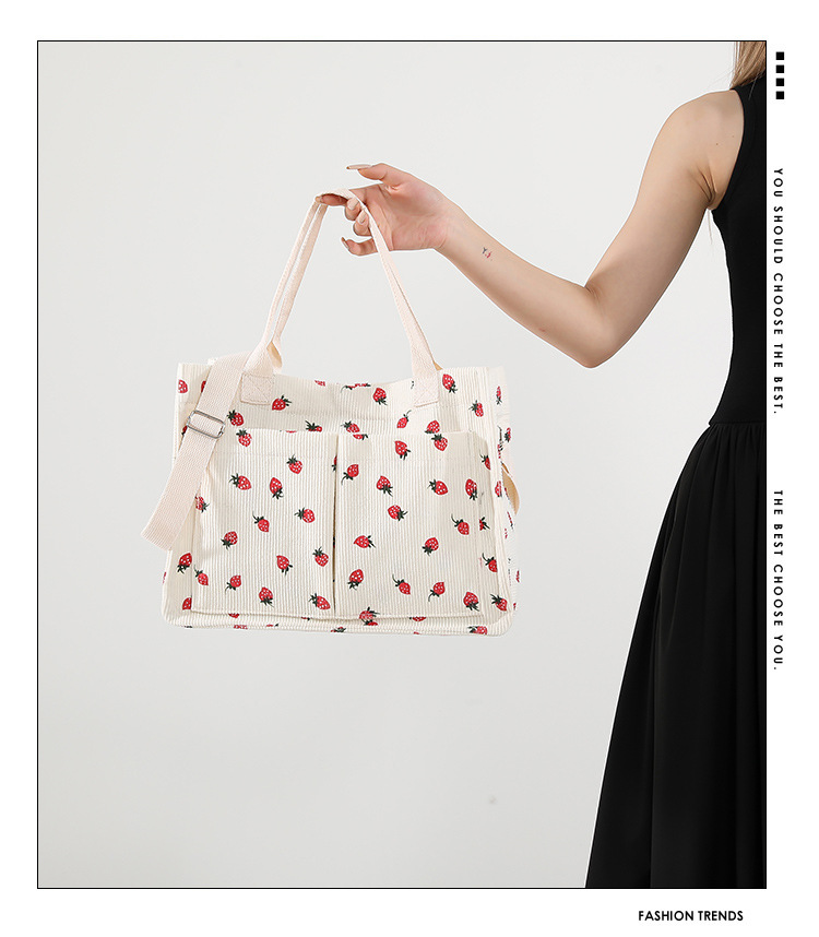 300g Weight Polyester Lining Material Zipper Closure Type Single Shoulder Strap Strap Type Tote Bag Bags Type Casual, School Occasion Corduroy Material Solid Color, Strawberry Pattern All Seasons Season Women's Gender Basic, Classic Style Style Square Shape Large Size Women's Large Corduroy Solid Color Strawberry Basic Classic Style Square Zipper Tote Bag 无