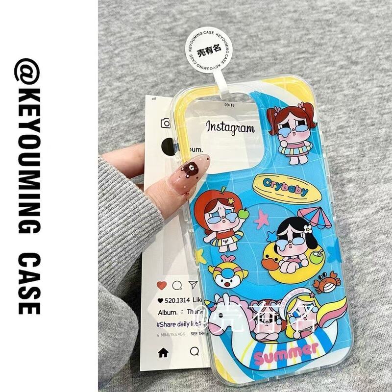 Summer Blue Plaid Duck Swimming Ring Crying Baby Magnetic Holder Suitable for Apple 16 Mobile Phone Case Iphone15/14/13