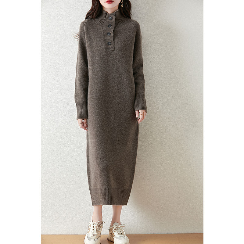 ウールワンピース レディース ロング丈 ゆったり カジュアル 体型カバー ニットワンピース 厚手 ハーフオープンカラー ボタン付き ロングワンピース