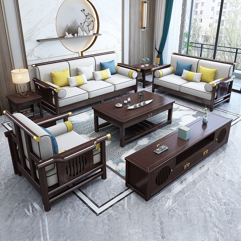 New Chinese Style Solid Wood Sofa Modern Style Simple Living Room Full Set Light Luxury Combination Chaise Longue Winter and Summer Dual-Use Wooden Furniture