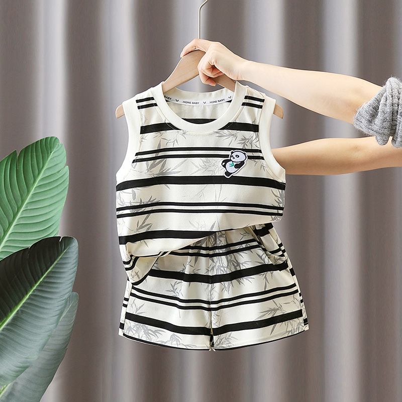 7373 Traje a rayas para niños 2025 Nuevo chaleco de panda sin mangas para niños Baby Summer Red de dos piezas Trendy