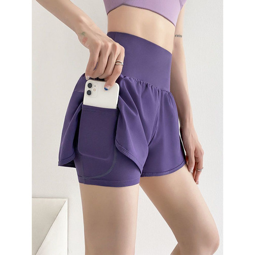 Sports Shorts for Women, False Two-Piece, Anti-Slip, 3/4 Length, Running High-Waist Yoga Casual Pants with Double Pockets, Summer Factory