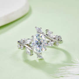 轻奢森系叶子女戒S925银镀18K白金旦形莫桑钻女戒主石7*9mm/2.0CT