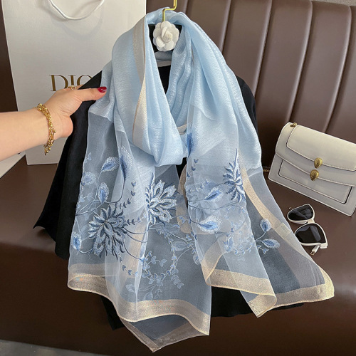 New fashionable silk wool scarf for women in winter, Korean version, versatile embroidered shawl, high-end scarf, printed gauze scarf
