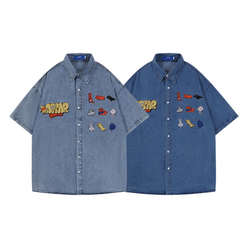 Camisa de manga corta de mezclilla de hombres y mujeres de verano estilo neutro diseño suelto bordado vintage marca de moda casual top