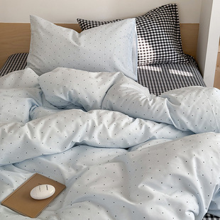 Ins Simple All Cotton Washed Cotton Four-piece Set Cotton Four Seasons Wave Dot Plaid Girl's Heart Skin-friendly Soft Quilt Cover