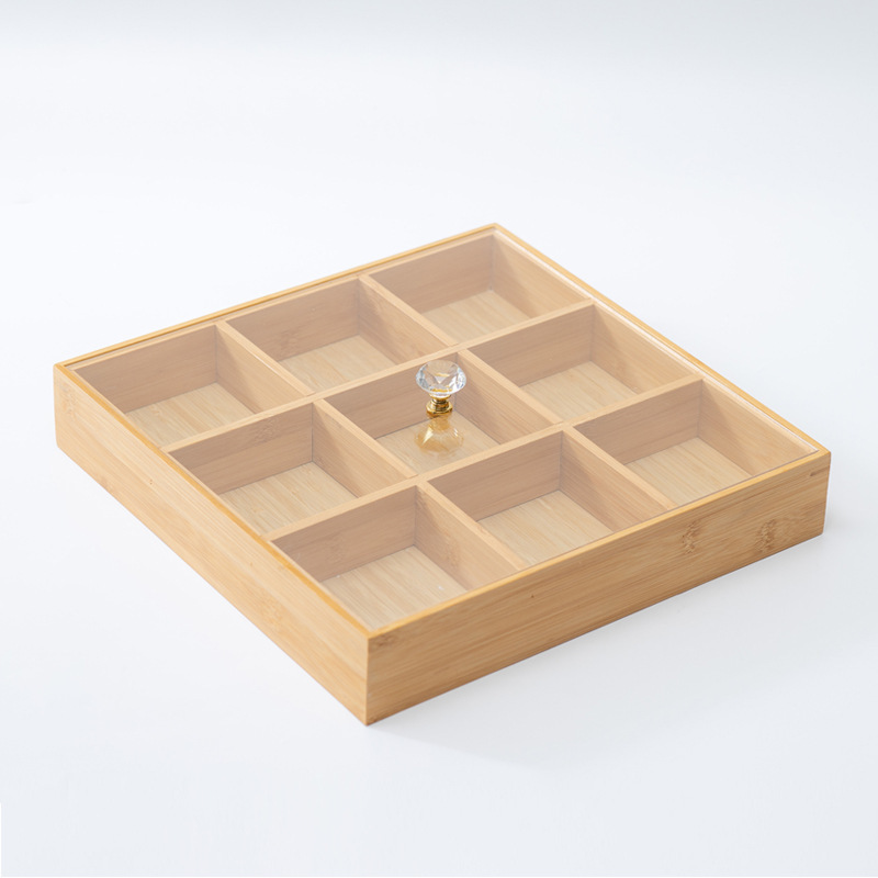 Caja de almacenamiento de bolsas de té a prueba de polvo de escritorio de bambú caja de almacenamiento de joyería caja de almacenamiento de medicamentos caja de almacenamiento Jiugongge