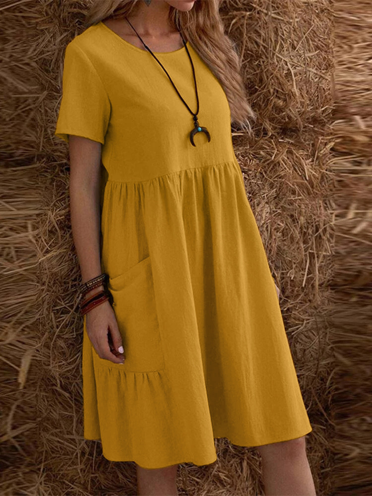 2026 Summer European And American Retro Loose Pocket Solid Color Round Neck Women's Dress_ecoleips.com