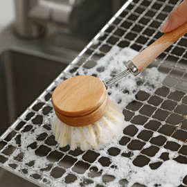 A947椰棕锅刷榉木柄家用洗锅刷厨房灶台水槽去污硬毛长柄清洁刷