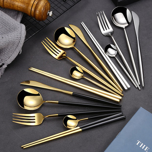Cross-border 304 stainless steel tableware thick Portuguese matte knife fork spoon four-piece gold plated spoon Fork gift box