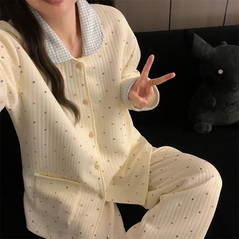 Pijamas de algodón de aire para mujeres otoño y invierno dulce engrosado calentamiento ropa doméstica dibujos animados estudiantes coreanos de manga larga estilo de niña