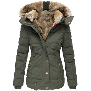 Amazon New Winter Warm Fur Collar Cotton-padded Jacket Women's Zipper Long-sleeved Slim-fit Cotton-padded Jacket Hooded Coat W128