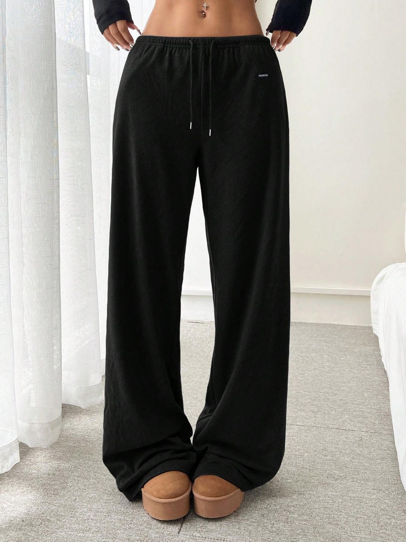 Pantaloni da salotto in maglia spazzolata da donna – Vita elastica con coulisse, gamba dritta e comoda, morbido poliestere, colori a tinta unita (nero, grigio, bianco)_voghion.com