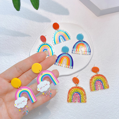 Europe and America Cross border new pattern colour Rainbow Acrylic Earrings Bohemia Type U Rainbow Cartoon pattern Earrings