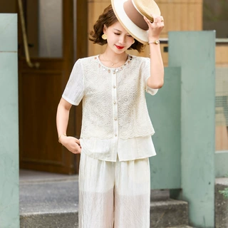 2026新款妈妈夏装套装新中式国风洋气上衣中年妇女时尚减龄两件套