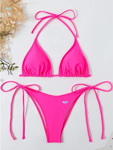 Solid color lace-up back bikini set