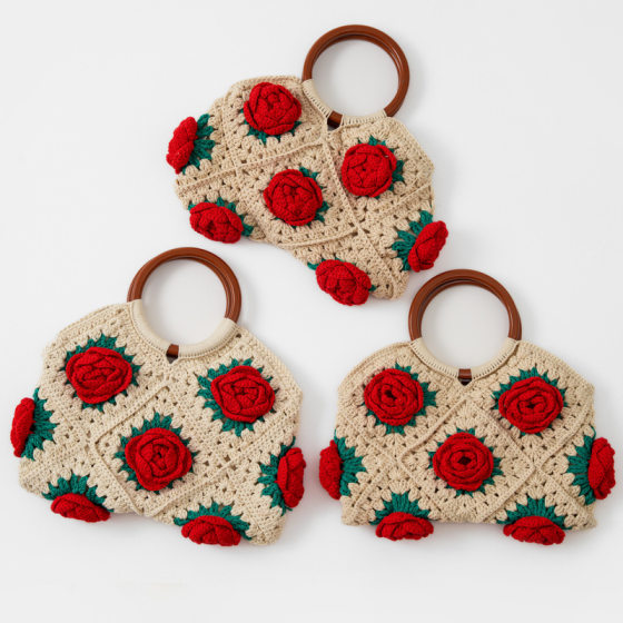Guofeng Flower Woven Bag Xuefei Line Crochet Camellia Elegant Bag Rose Flower Handbag Mother's Bag