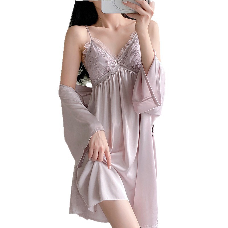 2025新款冰丝睡裙女士带胸垫花边高级感休闲长袖睡袍家居服两件套|undefined