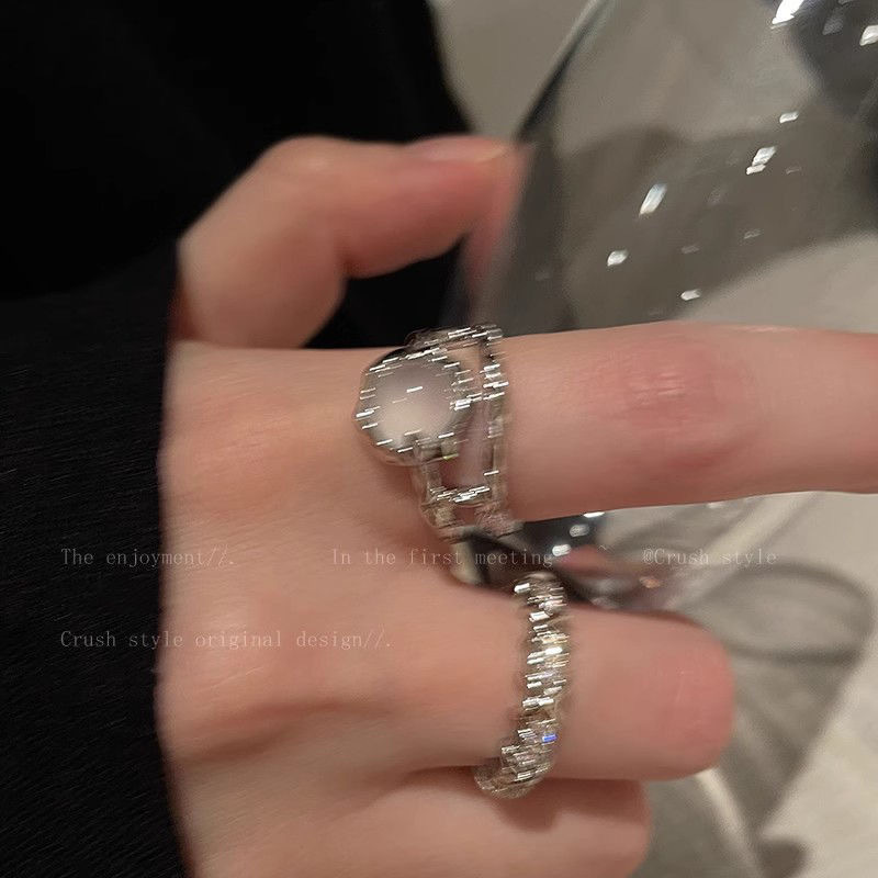 Two-piece moonstone ring set for women, rhinestone-set open design, niche style, plain band, index finger ring, French self-discipline ring.