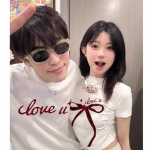 特别的网红情侣装夏季装一长一短t恤2025新款格子蝴蝶结修身短袖