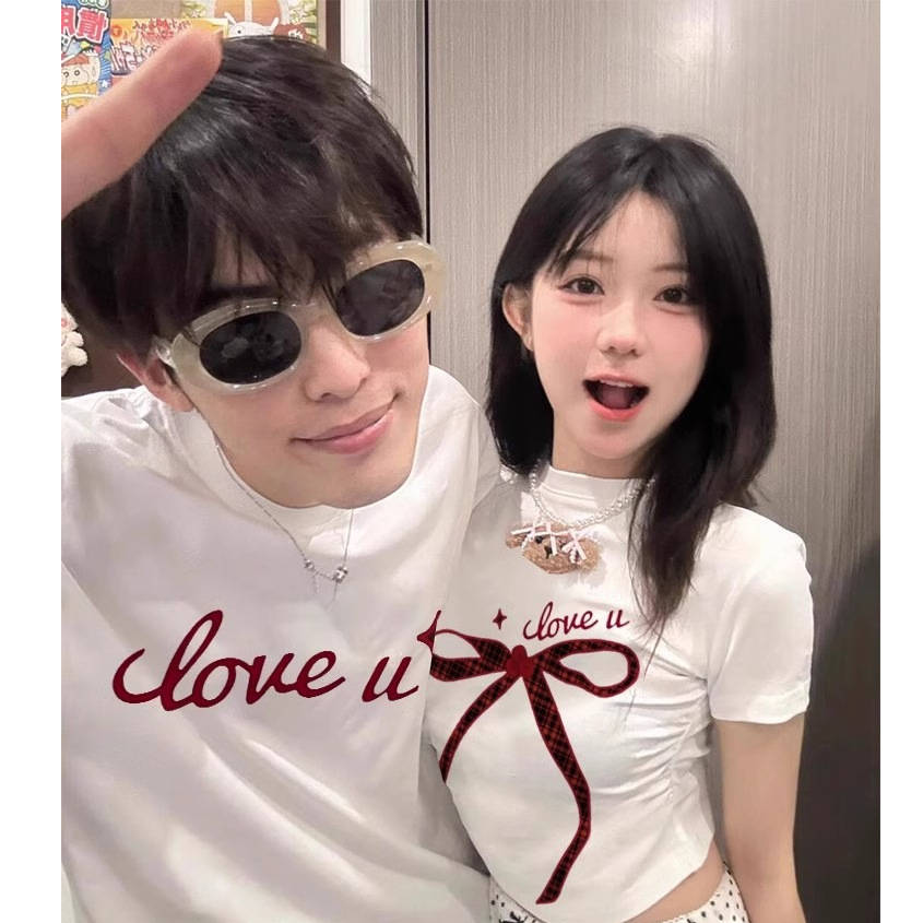 特别的网红情侣装夏季装一长一短t恤2025新款格子蝴蝶结修身短袖