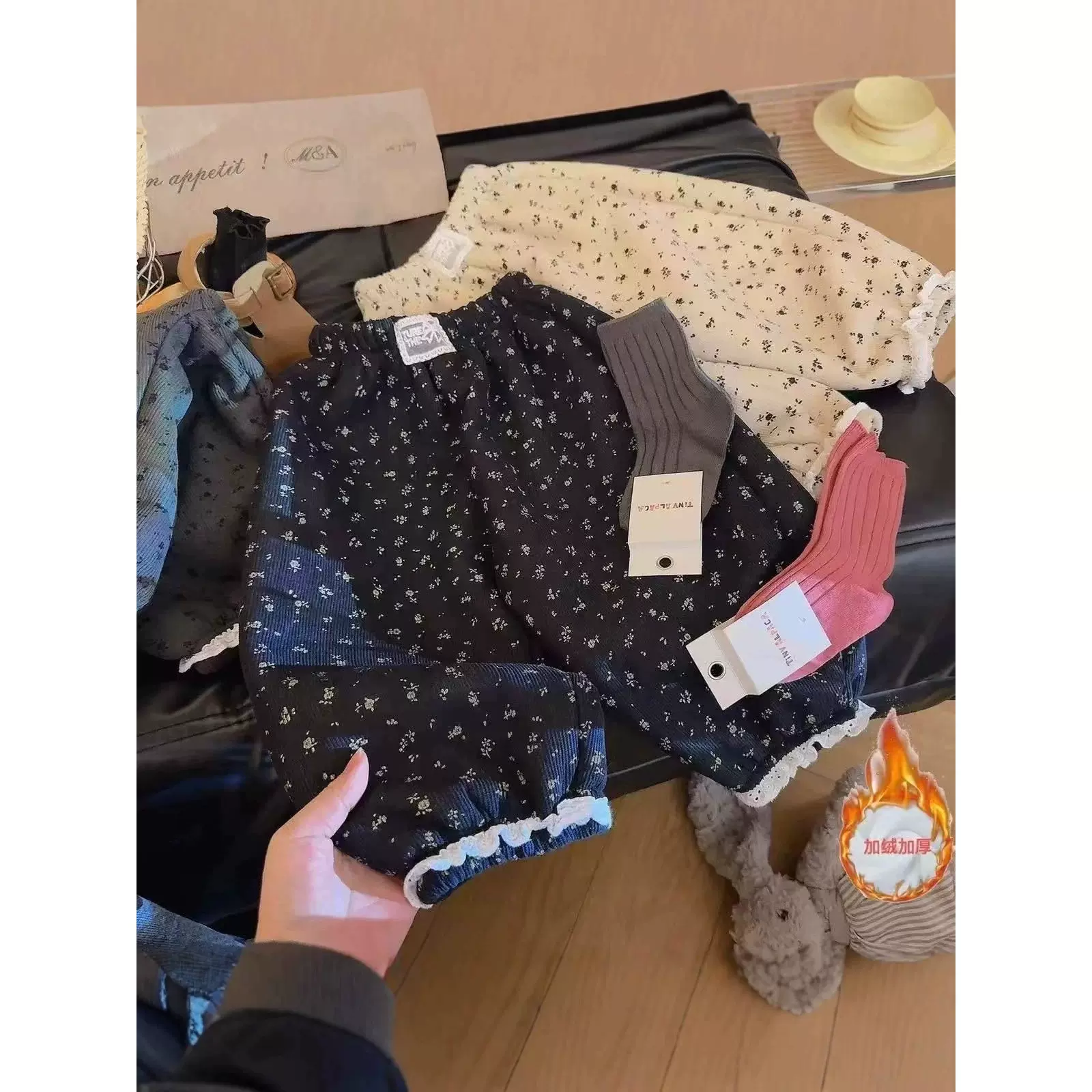 儿童加绒卫裤女童秋冬季韩系碎花休闲裤女宝百搭灯笼裤校园神裤子