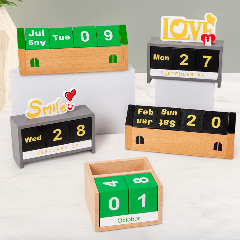Fábrica de origen adornos de escritorio calendario de madera acompañante regalos de mesa fecha tarjetas de fotos accesorios calendario de mesa de madera