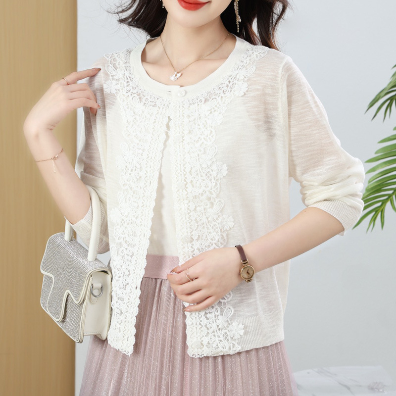 Spring and Summer New Round Neck Linen Thin Knitted Sweater Women's Long-sleeved Hollow Sunscreen Sweater Air-conditioning Sweater