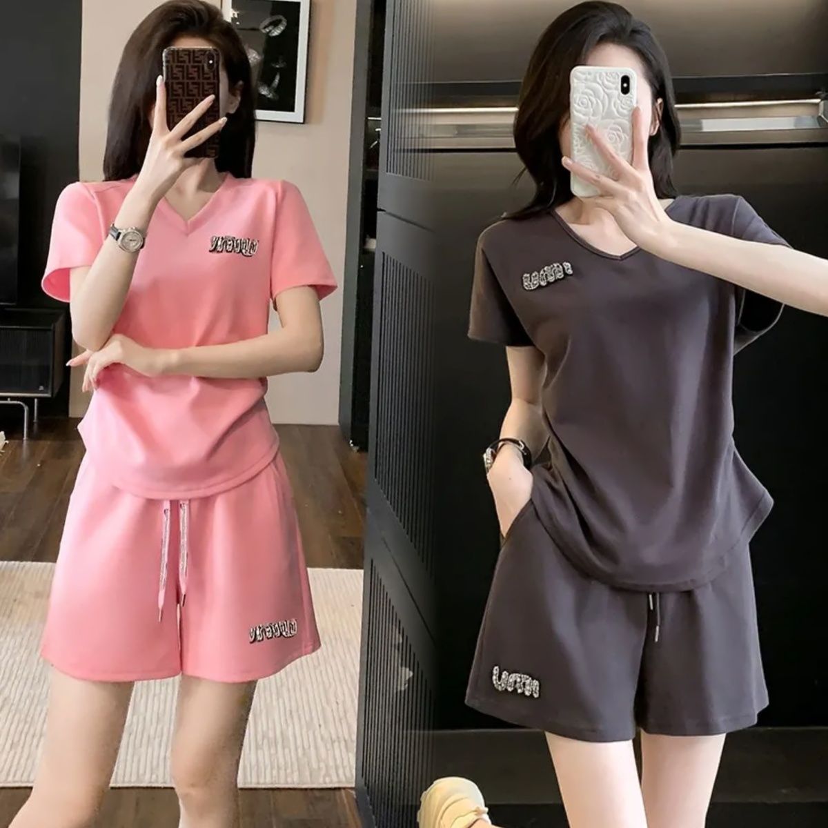 Cross-Border Hot Diamond Sportswear Suit for Women Summer New Fashion Short-Sleeved Temperament Age-Reducing Casual Two-Piece Set Slimming
