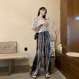 chic风素雅条纹设计冰丝百褶凉凉裤女夏季新款百搭宽松高腰阔腿裤