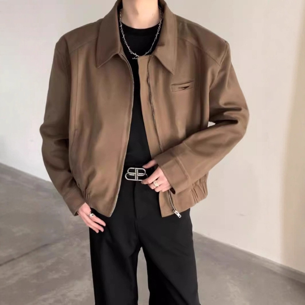 cleanfit短款夹克男款春秋痞帅美式垫肩外套高级感黑色翻领棒球服