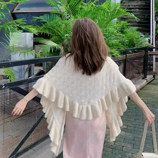 春秋搭针织外套斗篷百搭旗袍披肩外搭甜美荷叶边开衫复古风搭肩