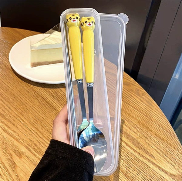 Transparent box+yellow tiger pointed spoon fork+light chopstick