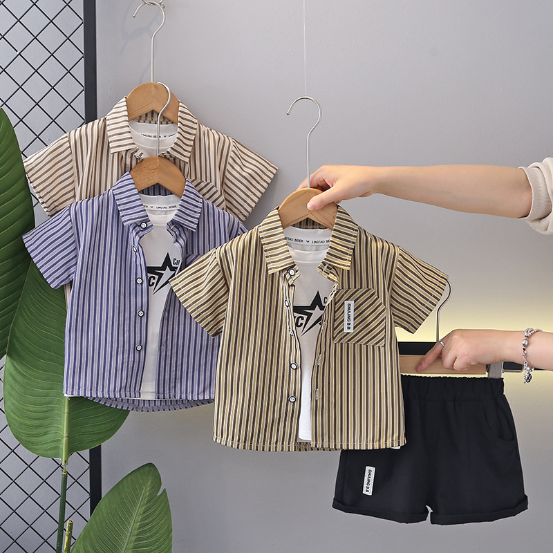 Children's Short-sleeved Summer Clothes suit Striped Short-sleeved Shirt Three-piece Set 2024 New Boys' Clothes Children's Summer Clothes