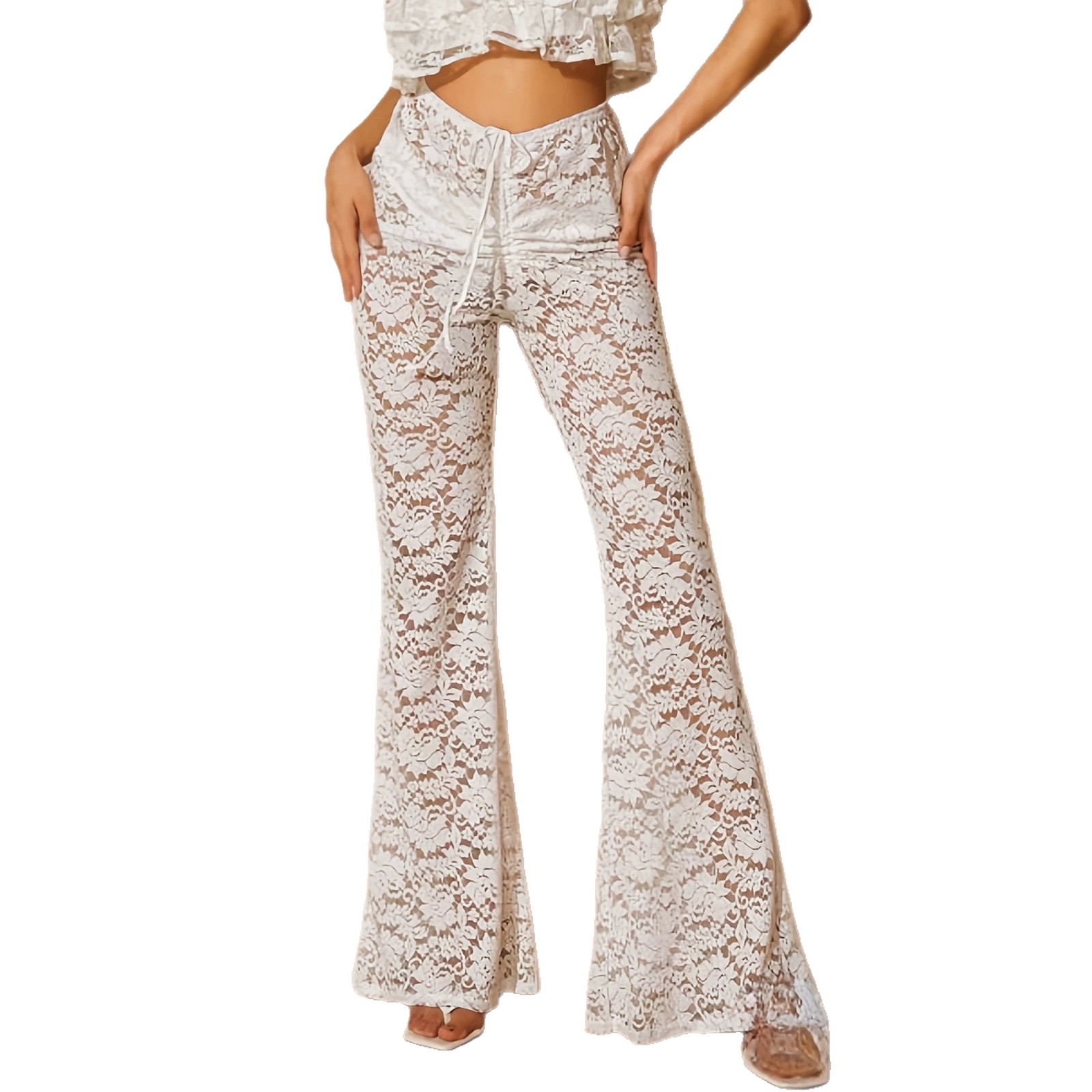 Calça feminina de cintura alta e pernas largas com detalhes em renda transparente, estilo boho chic, perfeita para férias._voghion.com
